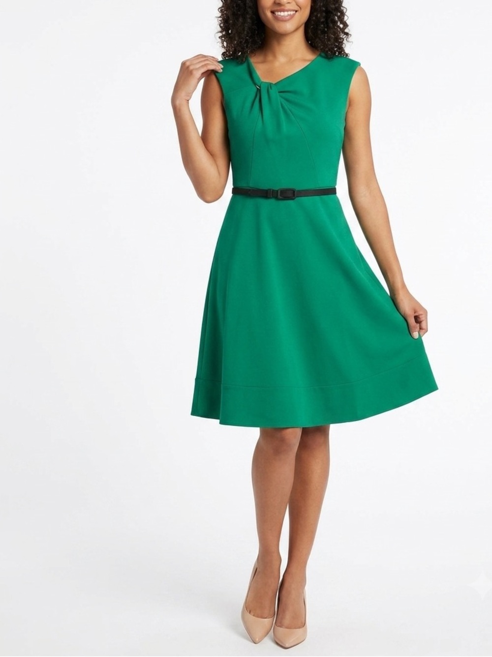 Eliza J Green Knot Twist Neck Belted A Line Fit Flare Dress Sz 8